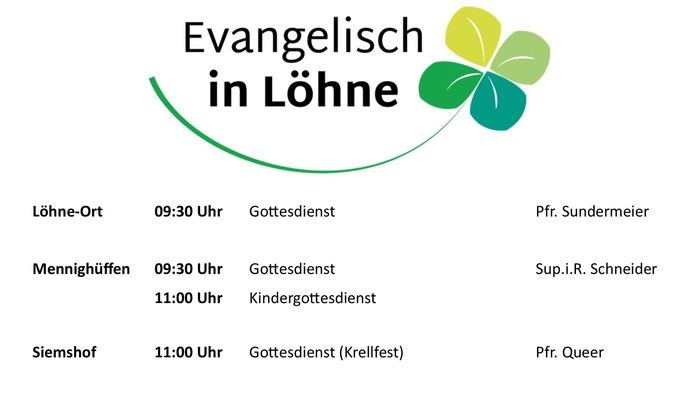Gottesdienstplan mit Zeiten, Orten und Geistlichen für die Veranstaltungen „Evangelisch in Löhne“.