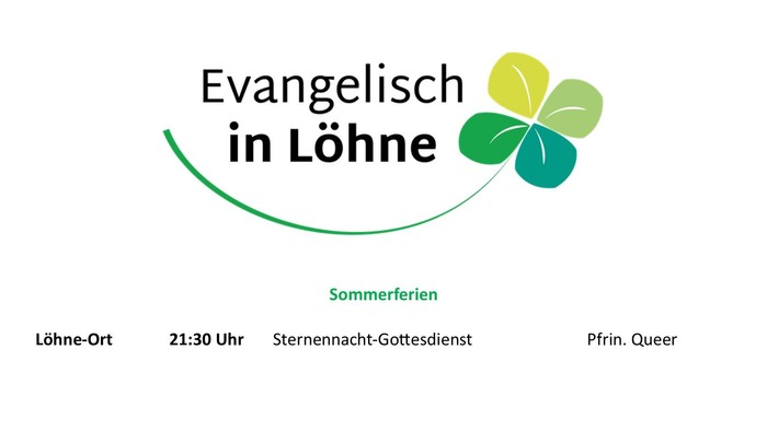Plakat für einen Sommerabendgottesdienst mit dem Titel „Sternennacht-Gottesdienst“ in der Evangelischen Kirche in Löhne, Beginn um 21:30 Uhr.