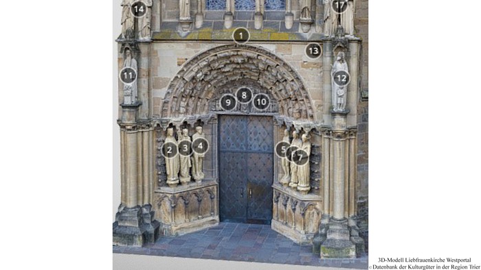 Gothischer Kirchenportal mit detaillierten Steinmetzarbeiten und farbigem Buntglasfenster