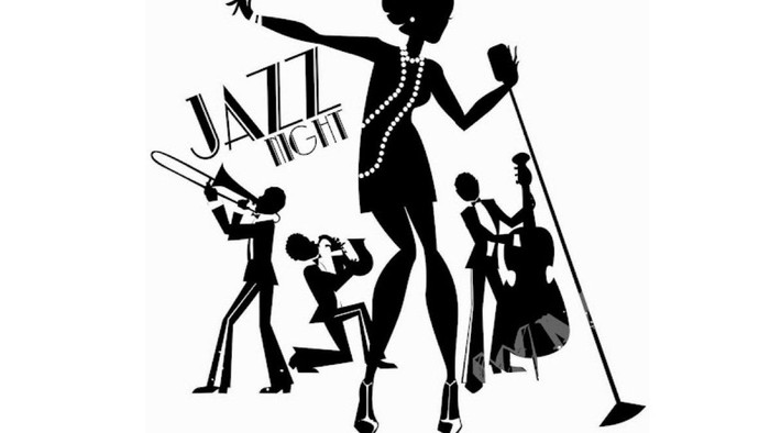 A silhouette of a jazz band with a singer and instrumentalists, depicted in a stylized, vintage manner.