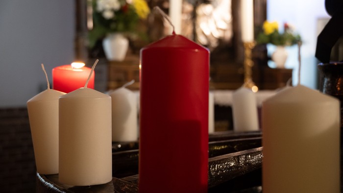 Evangelische Kirche Eichwalde: Weihnachtskrippe vor dem Weihnachtsbaum