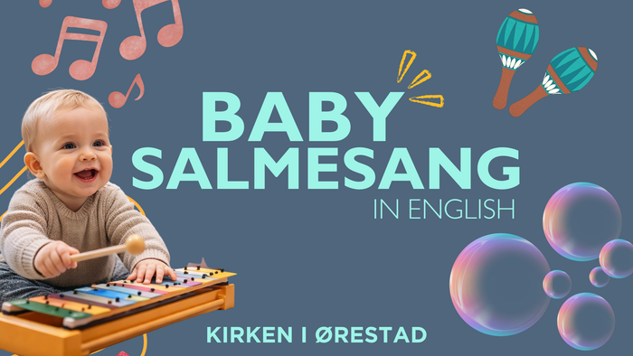 Et glad baby, der spiller på et xylofon med tekst, der promoverer *