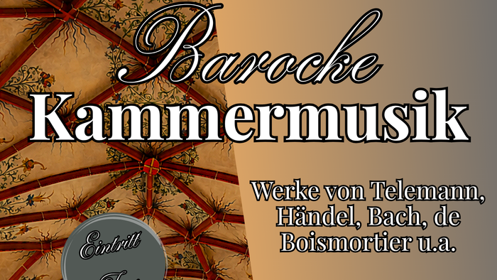 Barockes Kammermusik-Konzertplakat mit Werken von Telemann, Händel, Bach und anderen in einer Kirchenkulisse.