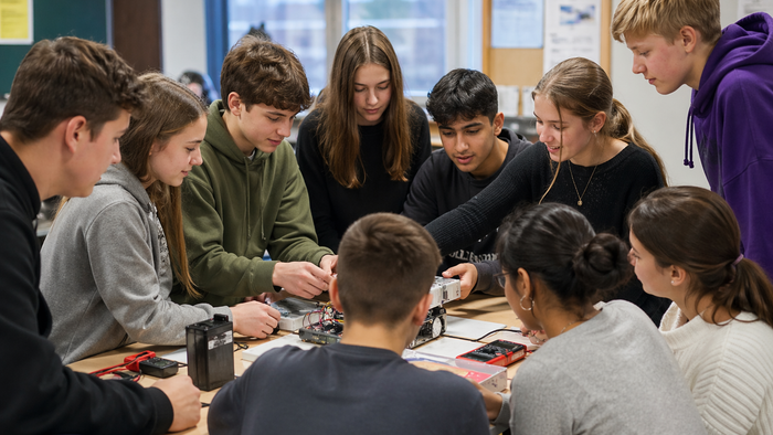 Eine Gruppe von Studierenden, die gemeinsam an Elektronikprojekten an einem Tisch in einem Klassenzimmer arbeiten.
