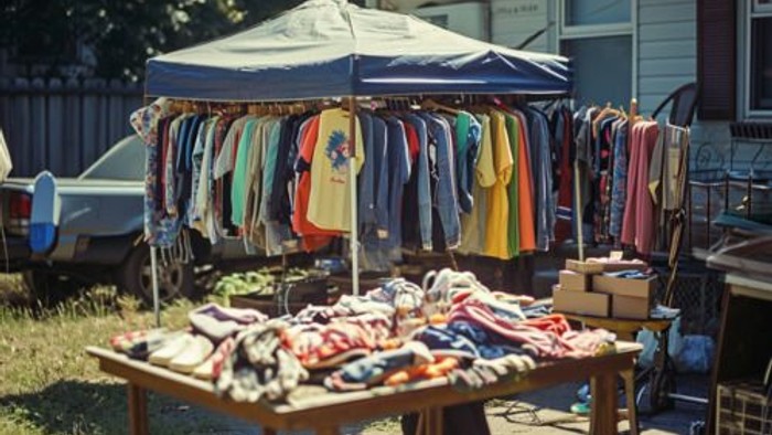 Kindersachentrödel_Scene mit Trödelsachen auf Wiese hinter der Garage