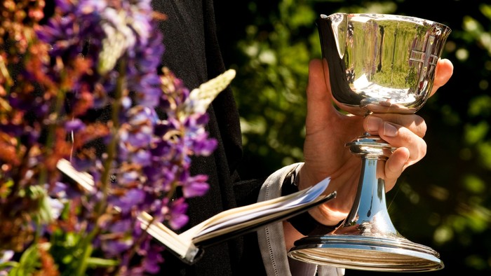 En person holder en sølv trofæ i en hage med blomster.