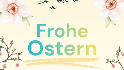 Fröhliche Oster-Grußkarte von der Ev. Jugend Fritzlar/Obermöllrich mit Blumen- und Vogelillustrationen.