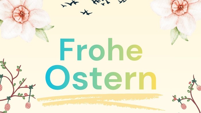 Fröhliche Oster-Grußkarte von der Ev. Jugend Fritzlar/Obermöllrich mit Blumen- und Vogelillustrationen.