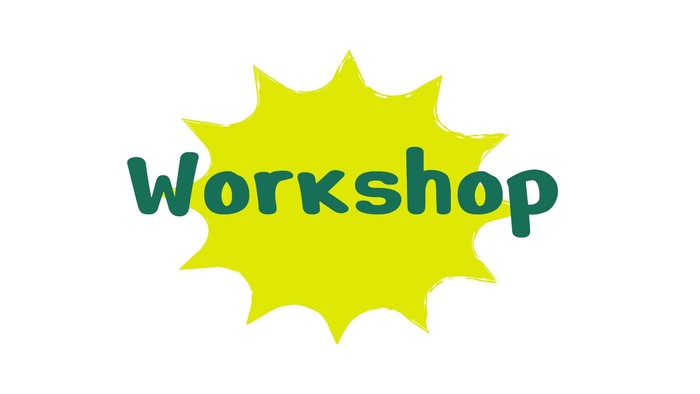 Helles Sonnenstrahlen-Logo mit dem Wort „Workshop“ in fetten, grünen Buchstaben darin.