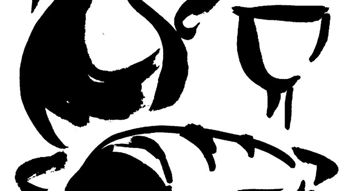 Ein Krug, eine Tasse und ein Brot sind skizzenhaft dargestellt