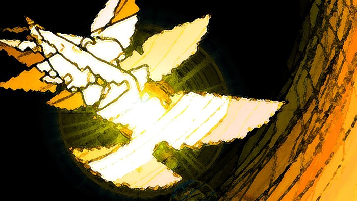 Ein abstraktes Bild mit einer hellen, flügelförmigen Gestalt vor einem dunklen Hintergrund