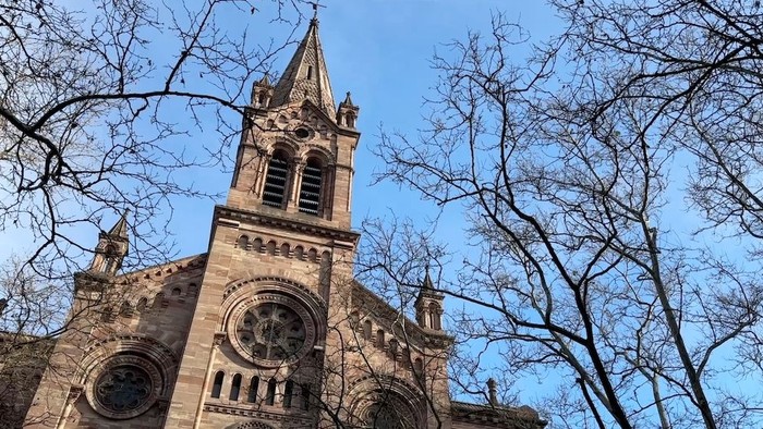 Une église avec un clocher s'élève au milieu des arbres dénudés.