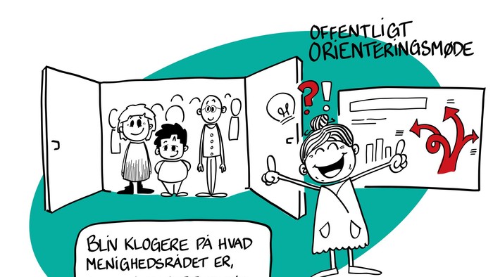 En tegning om orientering, hvor en person forklarer en graf og en anden person ser til.