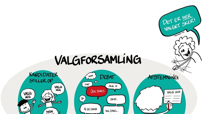 Illustreret guide til valgprocessen: kandidater, debat og afstemning med humoristiske kommentarer.