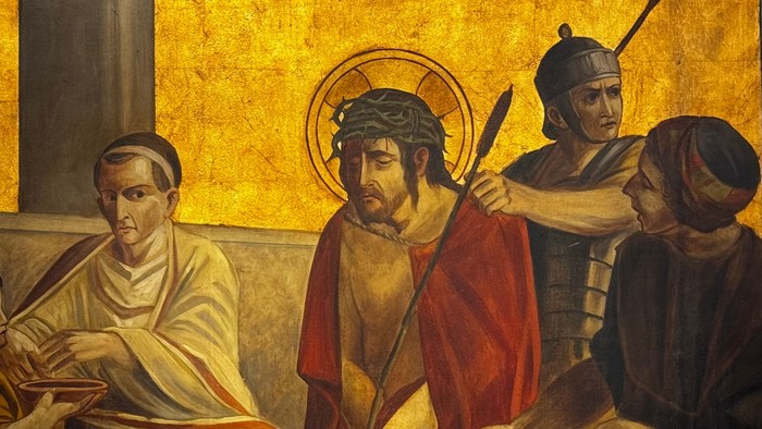 Das Bild zeigt eine religiöse Szene mit Jesus und zwei Soldaten.