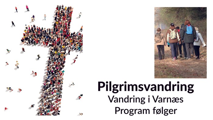 Pilgrimsvandring plakat med et kors lavet af mennesker og en gruppe, der følger en sti i Varnæs.