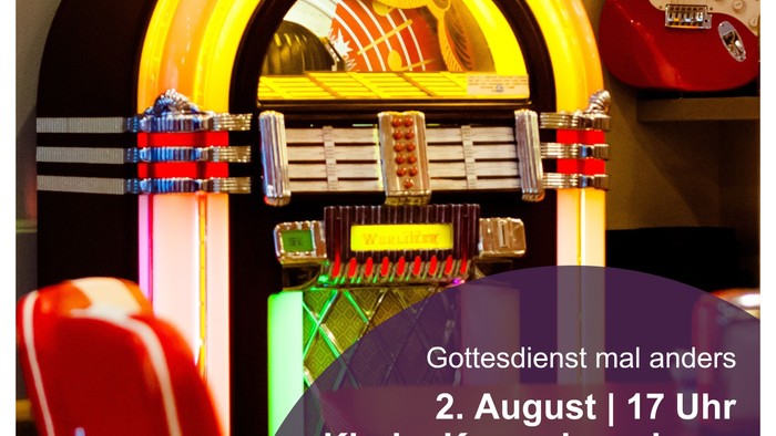 Ein Kirchenplakat im Jukebox-Stil mit bunten Neonlichtern und Vintage-Gitarren.