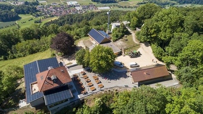 Luftaufnahme eines ländlichen Anwesens mit Solarmodulen, Gebäuden, geparkten Fahrzeugen und umliegenden grünen Feldern.