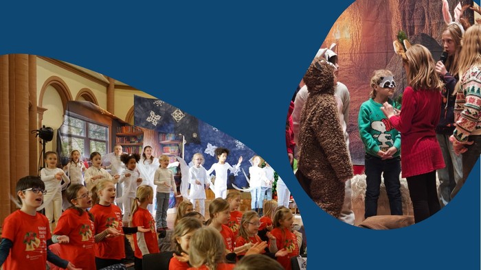 Kinder in aufeinander abgestimmten Outfits genießen ein festliches, interaktives Event mit kostümierten Charakteren und ansprechenden Aktivitäten.