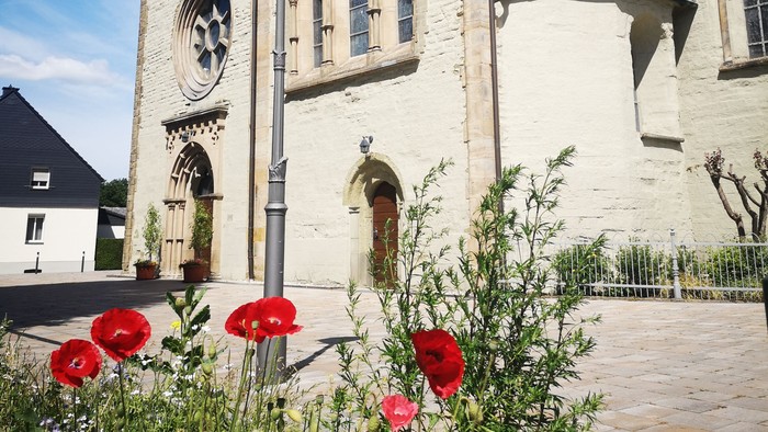 Blick auf die Margaretenkirche mit Sommerblumen im Vordergrund