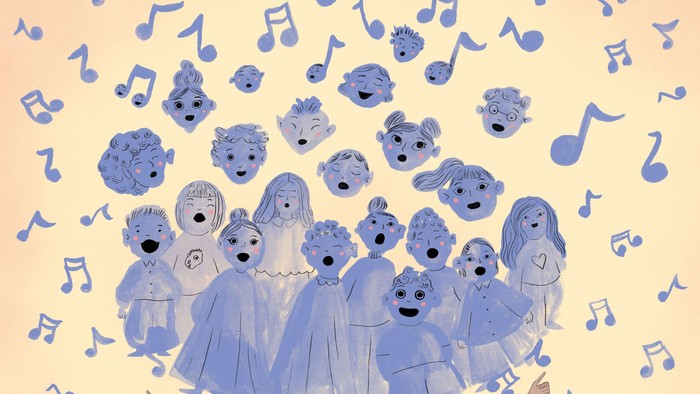 En mand med et kor af bjørnebarnere i hovedet, omgivet af musikalske noter