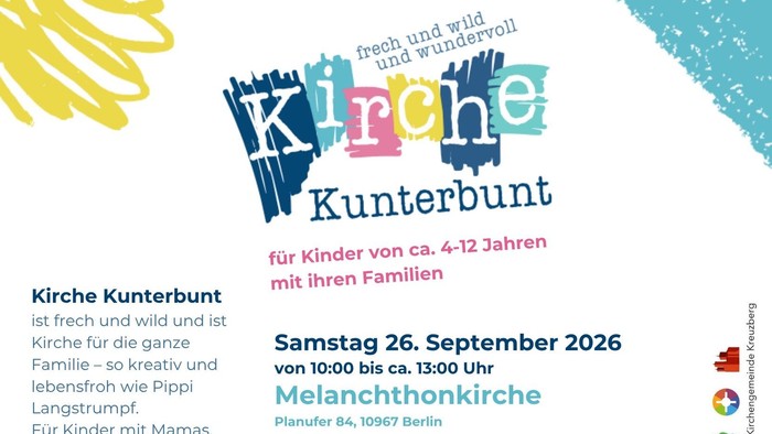 Familienfreundliche Kirchenveranstaltung „Kirche Kunterbunt“ mit Aktivitäten für Kinder von 4 bis 12 Jahren am 26. September 2026.