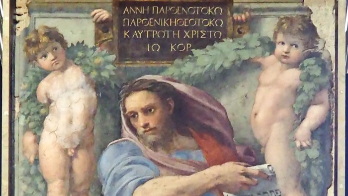 Eine klassische Freske, die eine bärtige Figur mit einer Schriftrolle darstellt, umgeben von puttenhaften Kindern in himmlischer Gewandung.