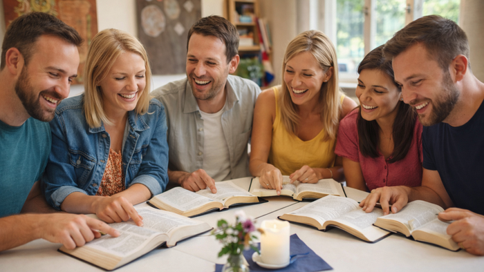 Eine fröhliche Gruppe, die gemeinsam in offenen Büchern an einem gemütlichen Tisch studiert, lächelnd und in angeregte Diskussion vertieft.