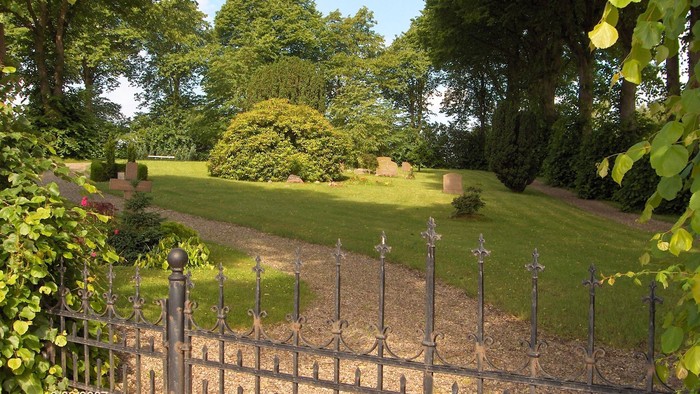 En smuk have med græsarealer, træer og en smedejernsgårdsvej.