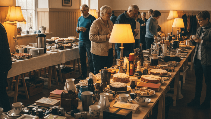 Besucher genießen Kaffee und Kuchen während Sie Trödel besichtigen