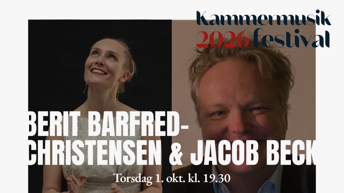 Plakat for en kammermusikfestival med optrædener af Berit Barfred-Christensen og Jacob Beck den 1. oktober kl. 19:30.