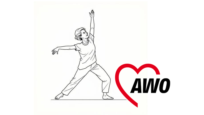 Illustration einer Person, die sich dehnt, mit dem „AWO“-Logo, das ein rotes Herzsymbol zeigt.