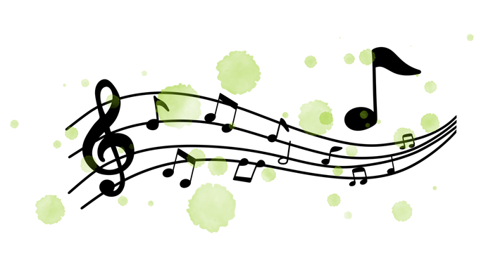 Abstrakte musikalische Noten mit einem Violinschlüssel und grünen dekorativen Spritzern in einem verspielten Design.