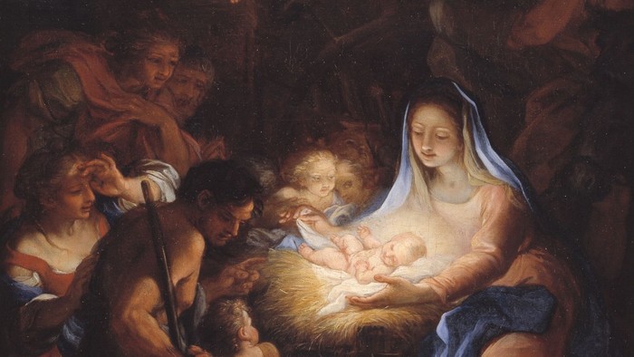En dramatisk religiøs fremstilling af julekrybbescenen med guddommelige og menneskelige figurer omkring Jesusbarnet.