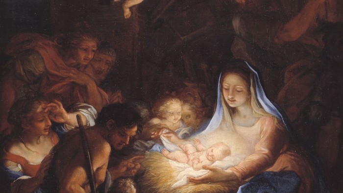En dramatisk religiøs fremstilling af julekrybbescenen med guddommelige og menneskelige figurer omkring Jesusbarnet.