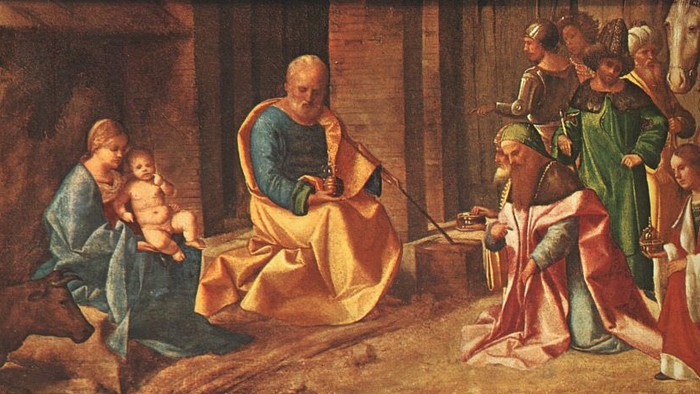 Et historisk maleri, der skildrer en religiøs scene med flere personer iført tidsvarende dragter.