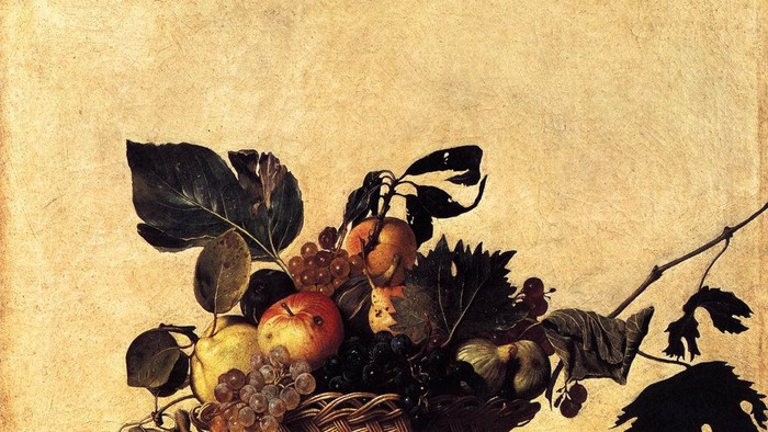 En korbund med forskellige frugter og bladveier på en gul baggrund