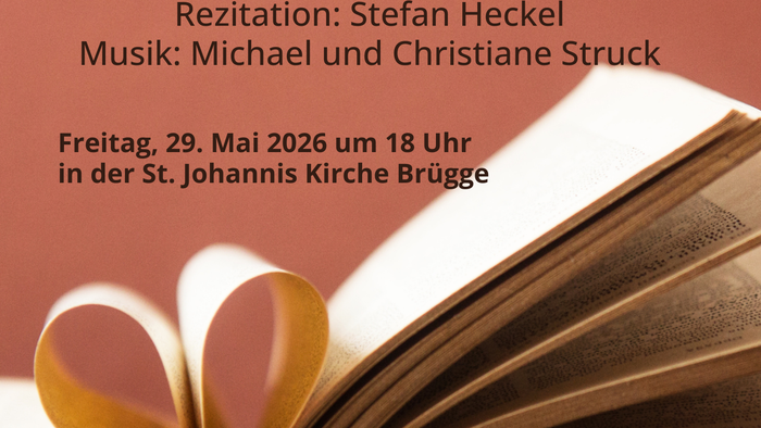 Plakat für den Paul-Gerhardt-Abend mit Rezitation, Musik und einem offenen Buch mit Herzform.