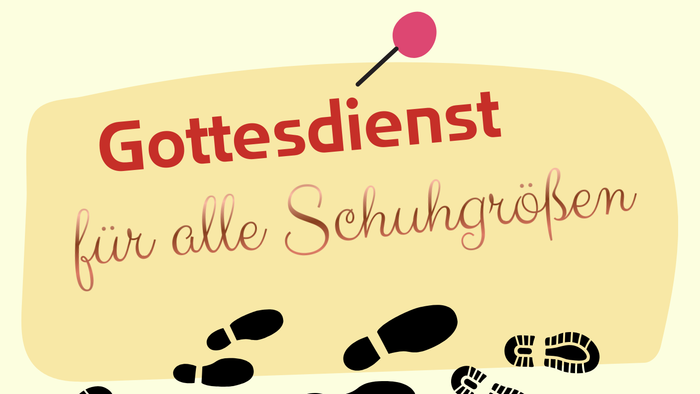 Plakat mit den Terminen und Orten der Gottesdienste für alle Schuhgrößen im Jahr 2026, verziert mit verspielten Fußabdrücken.