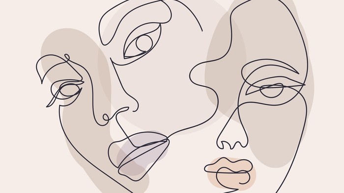 Minimalistische Linienkunst von zwei stilisierten Gesichtern, die sich küssen.