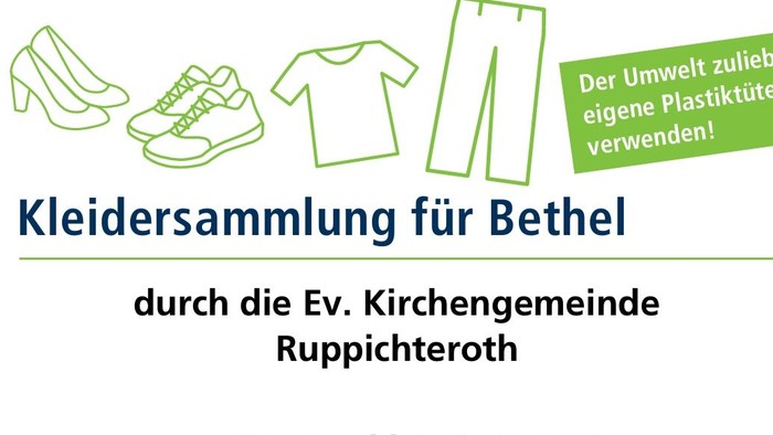 Kleidersammlung für Bethel, 28. April bis 3. Mai 2025, durch die Ev. Kirchengemeinde Ruppichteroth