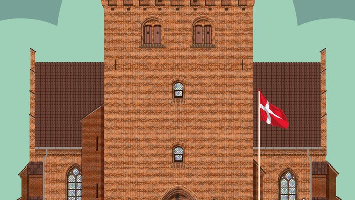 Tegnede kirke med tårn og dansk flag