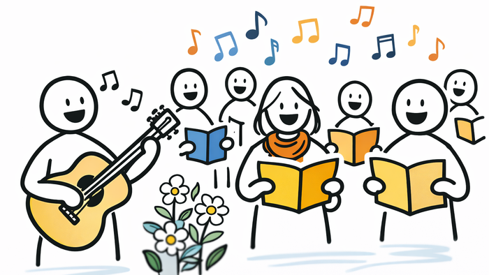 „Stilisierte Strichmännchen stehen nebeneinander und singen gemeinsam aus bunten Liederbüchern, begleitet von einer Gitarre; um sie herum schweben einfache, farbige Notensymbole – Darstellung eines offenen, gemeinschaftlichen Singens.“