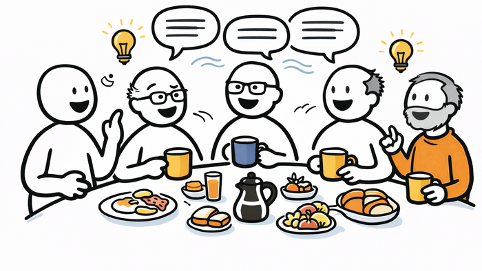 „Stilisierte Strichmännchen sitzen gemeinsam an einem Frühstückstisch, trinken Kaffee und unterhalten sich lebhaft; über ihren Köpfen schweben Sprechblasen, auf dem Tisch stehen Brötchen, Obst und eine Kanne – Darstellung eines geselligen Männerfrühstücks