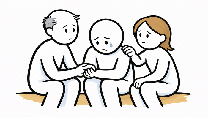 „Drei stilisierte Strichfiguren sitzen nebeneinander; eine Person wirkt traurig, während die beiden anderen sie unterstützen – eine hält ihre Hand, die andere legt ihr eine Hand auf die Schulter. Schlichte Darstellung von Trost und Beistand.“