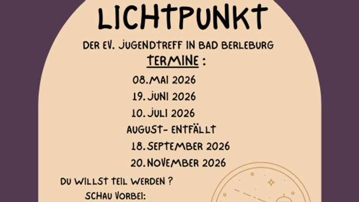 Veranstaltungsflyer für das Jugendtreffen „Lichtpunkt“ in Bad Berleburg mit geplanten Terminen und QR-Codes für den Gruppen-Zugang.