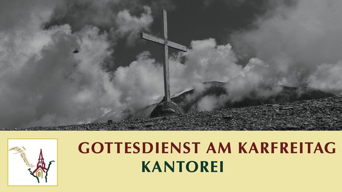 Ein Kreuz steht auf einem Hügel mit dunklen Wolken im Hintergrund, mit dem Text