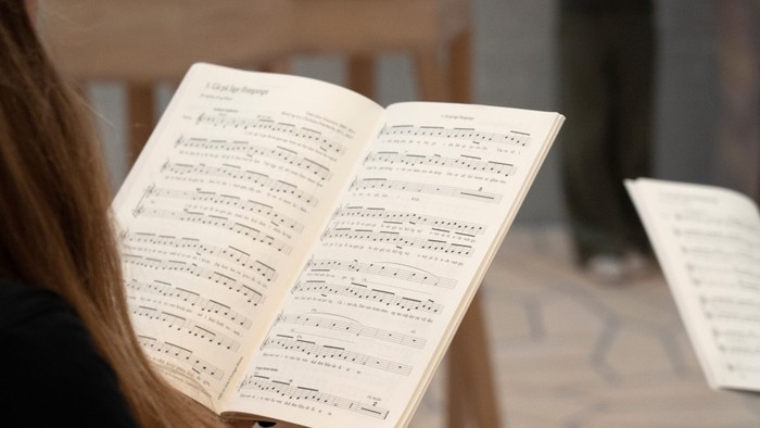 En person læser noter i et musikbog.