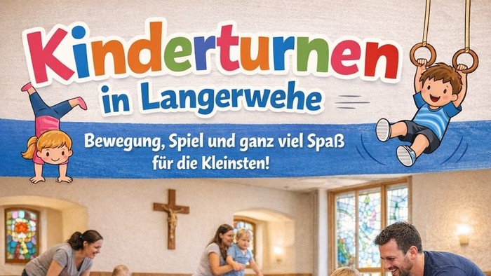 Ein buntes Plakat, das wöchentliche Turnstunden für Kleinkinder mit Spielen und Aktivitäten in einem Gemeindekirchenraum bewirbt.