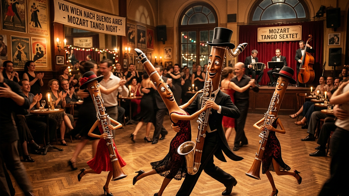 Menschen und Musikinstrumente tanzen. Vielleicht einen Tango?